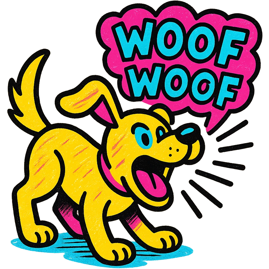 playful dog barking with mouth open in energetic pose, inspired by the phrase 'Woef Woef', vibrant pop colors style emoji