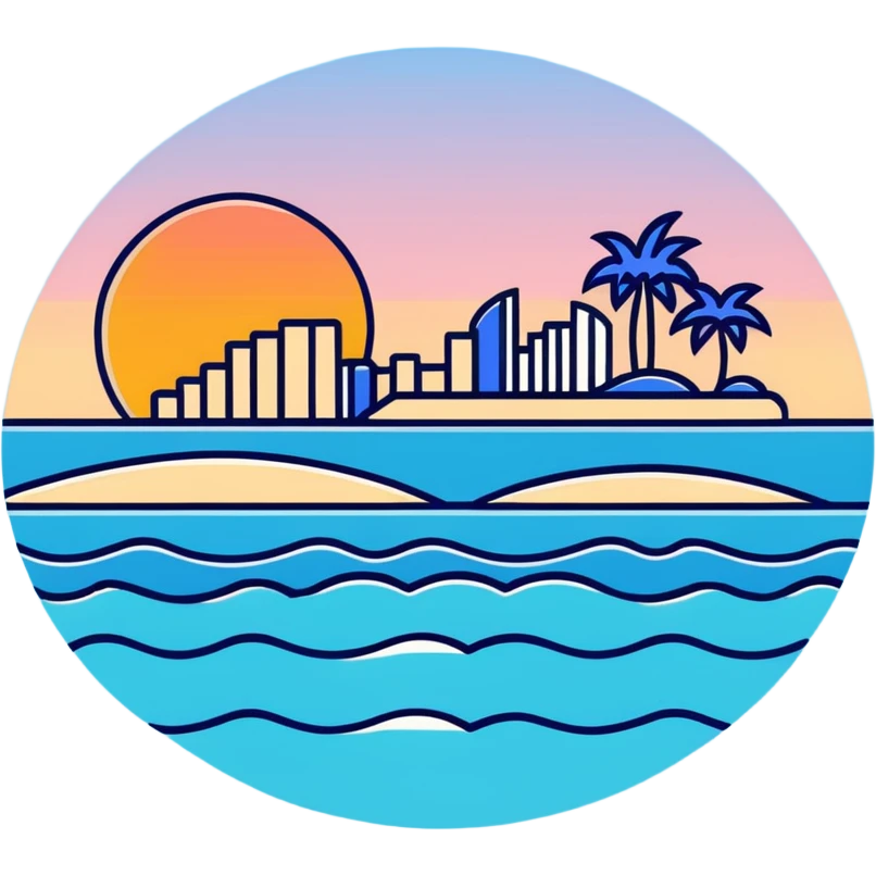 high quality sticker of Palm Jumeirah, sunset colors, palm-shaped island, ocean waves emoji