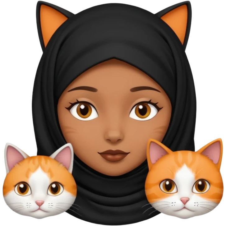 A girl with brownblack eyes and black hijab and three cats, one blackwhite girlcat and one blackwhite boy cat emoji