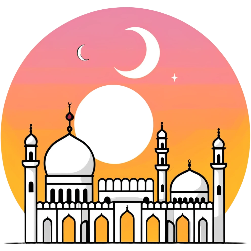 Mosque at sunset with crescent moon emoji