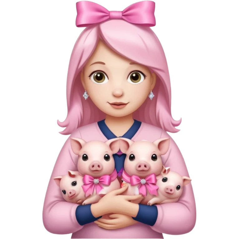 woman holding baby pigs with ribbons and crystals emoji