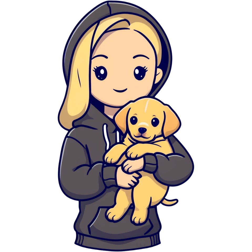 Blonde girl with smooth hair and a center part, light skin with freckles, wearing a hoodie and carrying a black baby labrador puppy in her arms emoji