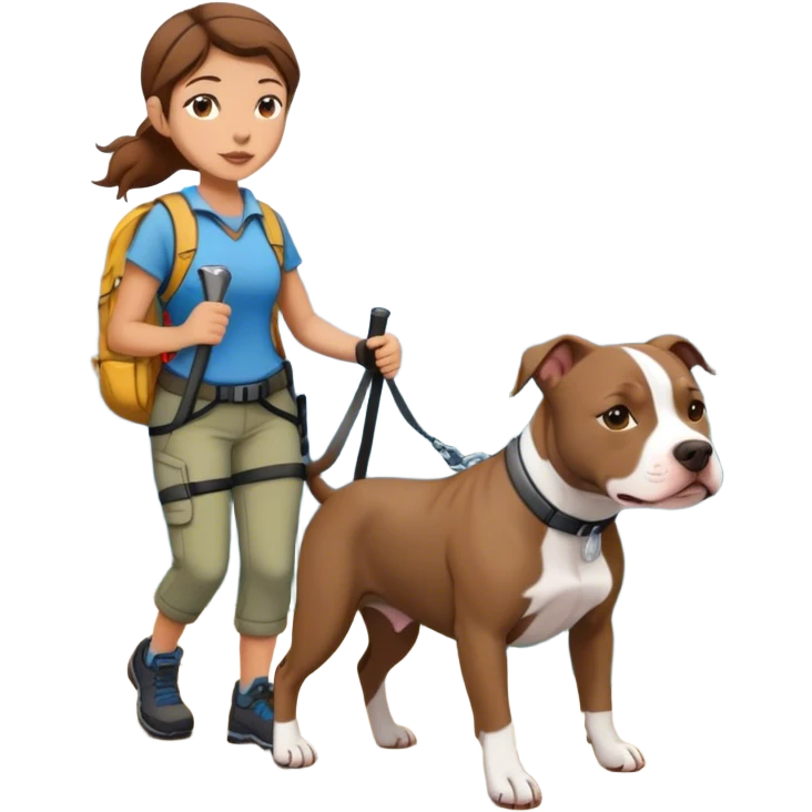 Girl with brown hair hiking with gray pit bull emoji