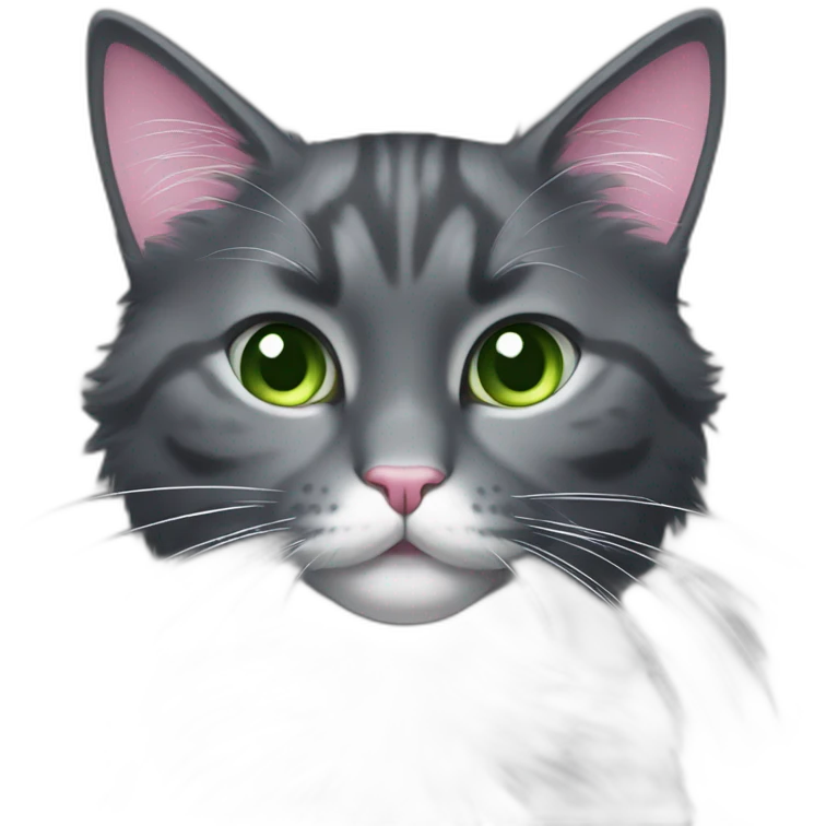 fluffy dark grey cat, pink nose, green eyes, white long whiskers, white spots near the nose, white breast emoji