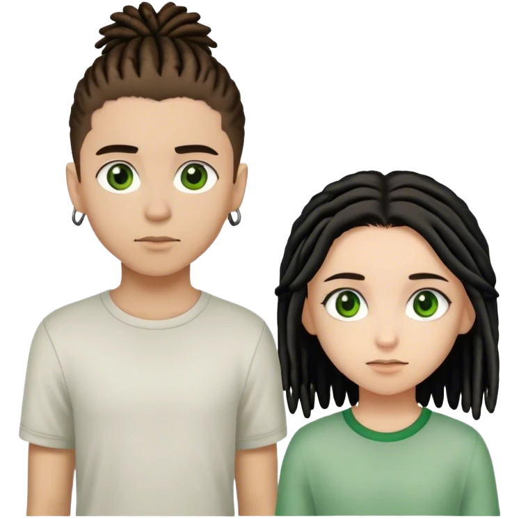 couple standing next to eachother. boy light skinned, short brown dreads, and green eyes. the girl is light skinned, straight black hair, and brown eyes emoji