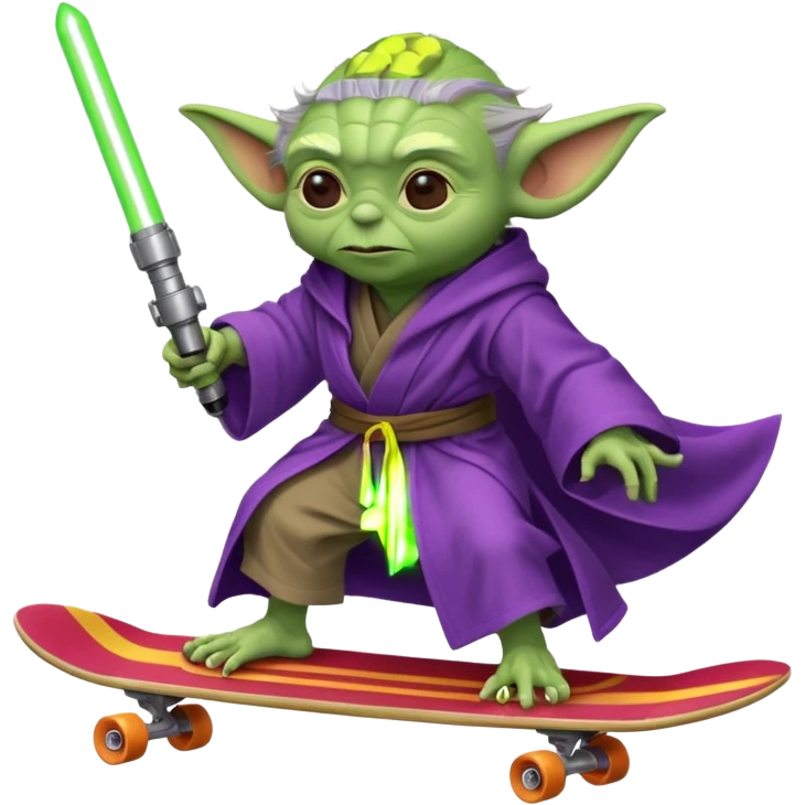 yoda in a purple robe using a rocket like a skate emoji