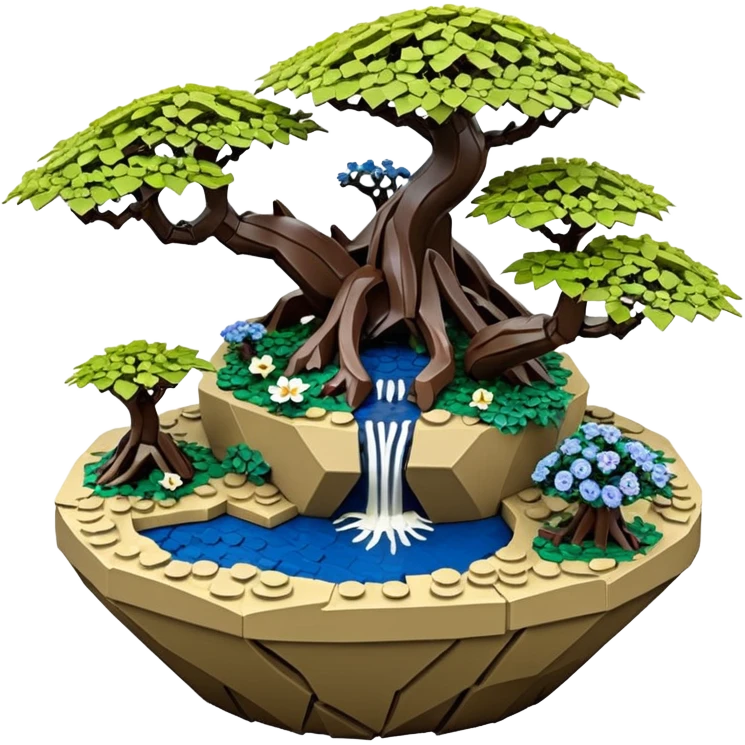Alien Lego saucer jungle-vines mountain-island landscape antique mudman very old broken cracked intricate Stone Age rocky-crusted irregular dodecagon-shaped shallow dark moss rough bark blue serissa flowered maple tree bonsai pot emoji