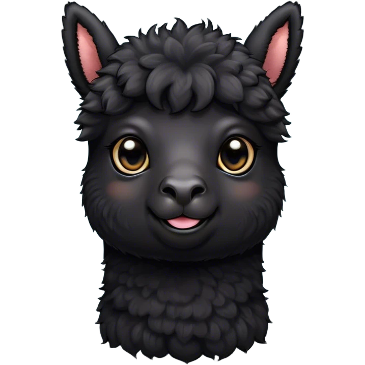 Cinematic Cute Black Alpaca Portrait Emoji, Head tilted playfully and inquisitively, featuring a plush, shiny jet-black fleece with a lustrous sheen, round, sparkling dark eyes filled with curiosity, Simplified yet irresistibly adorable features, highly detailed, glowing with a warm, friendly glow, high shine, affectionate and gentle, stylized with a touch of whimsy, bright and endearing, soft glowing outline, capturing the essence of a mischievous yet loving alpaca, so playful it feels like it could prance out of the screen and into your arms! emoji