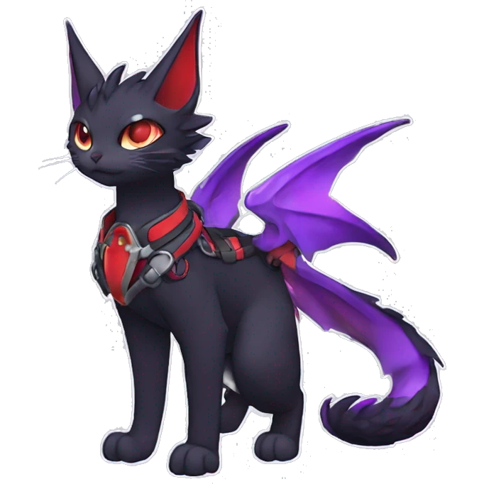 Kawaii cool edgy beautiful black red purple ethereal fantasy nargacuga-noivern-cat-Fakemon collar harness full body emoji