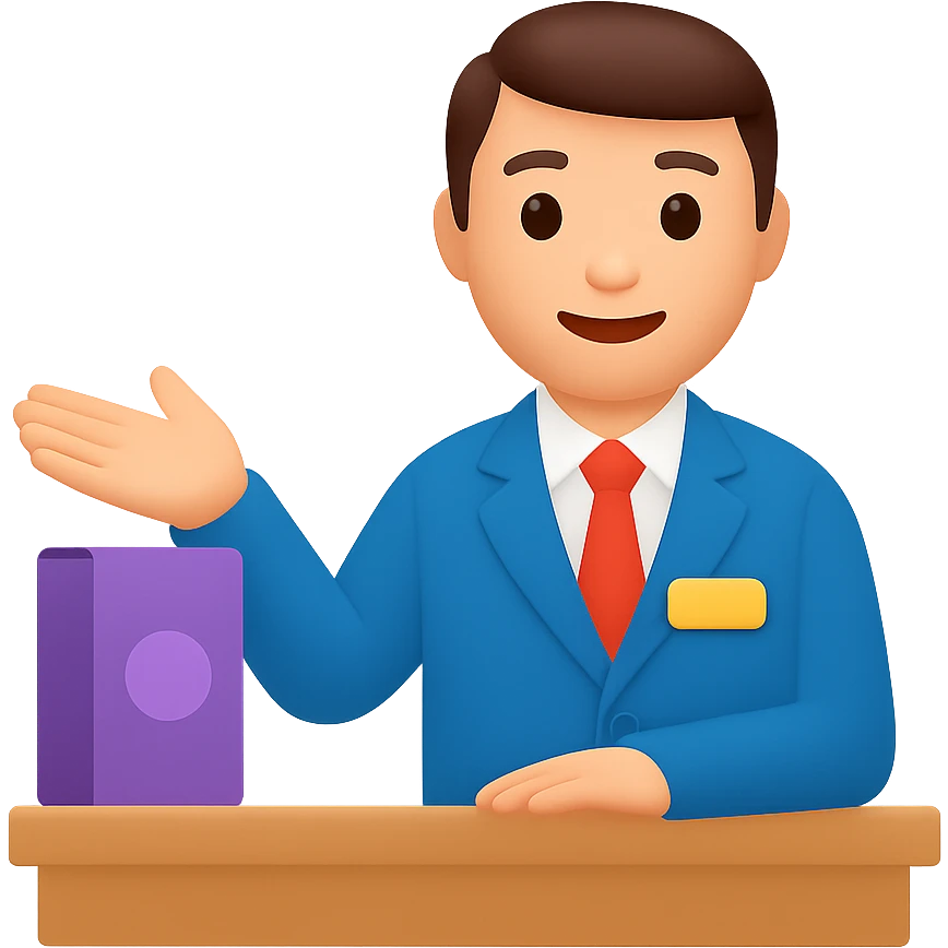 a friendly salesman at a counter, gesturing to a product, colorful vector style emoji