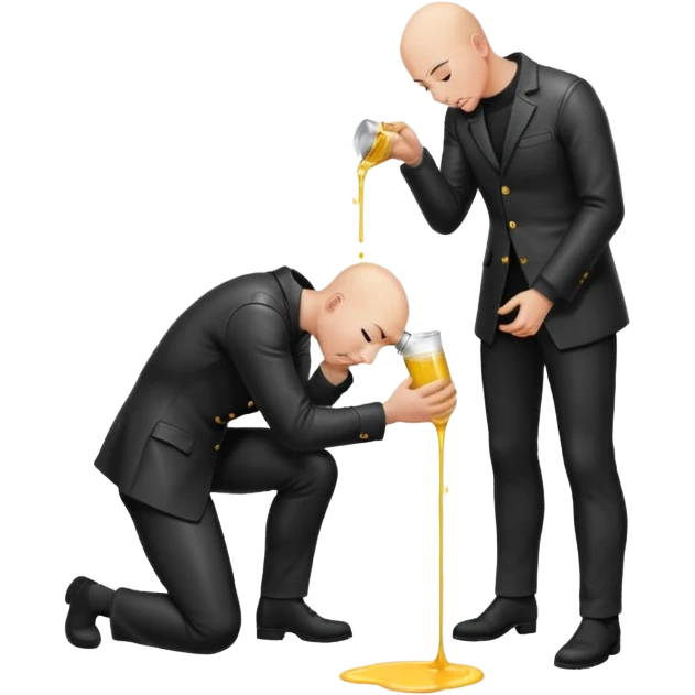 Bald man on his knees submissive to tall, standing man in leather, pouring piss down his throat emoji