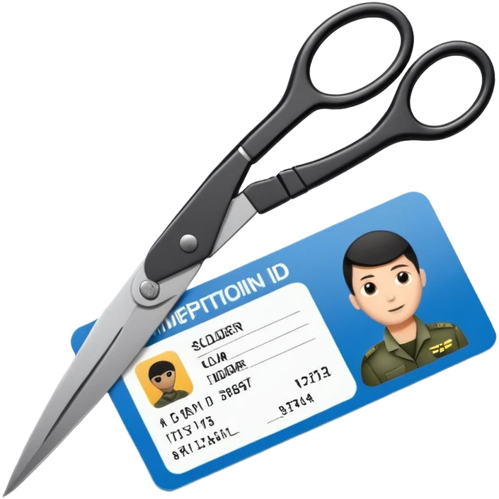 Floating black Scissors cutting an idf soldier ID card in 2 parts .hyper realistic emoji