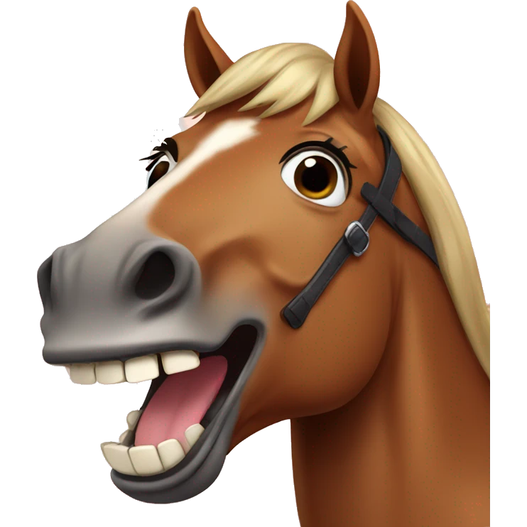 brown horse wearing sunglasses with human teeth laughing emoji