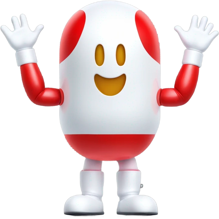 Very shiny full body pill capsule head with puffy body and welcoming waving Mickey Mouse arms braun Japanese inspired Anpanman with big boots and antennae red and white colors only emoji