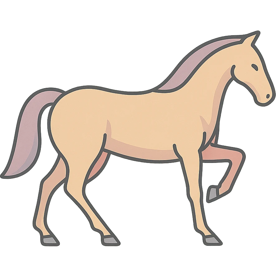 A horse in Chinese eastern style with one front leg bent and raised, the rest on the ground, thin clean contours, soft rounded shapes, pastel palette #98B5BC, #B5B3C1, #C9A3C9, #E4C0CA, #F7DCD1, #F7C0AA, detailed shadows and highlights, soft lighting, transparent background, less cute, no decorative elements. emoji