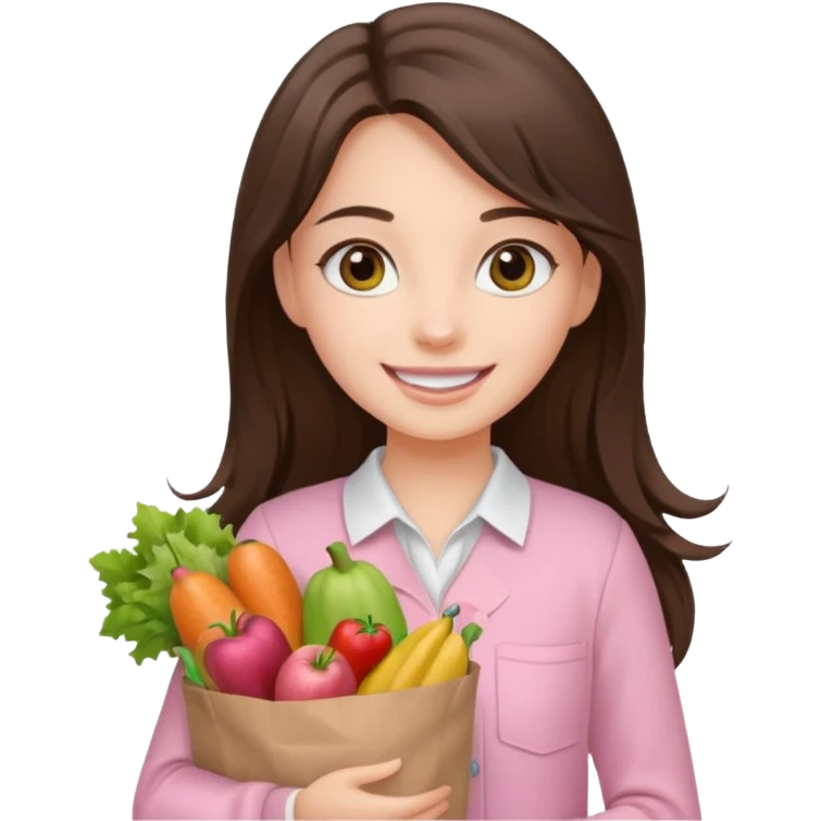 pretty smiling long brunette hair girl hazel eyes wearing light pink clothes holding groceries emoji