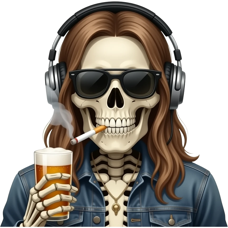 Skull with long hair and headphones and sunglasses smoking a cigarette and drinking a beer emoji