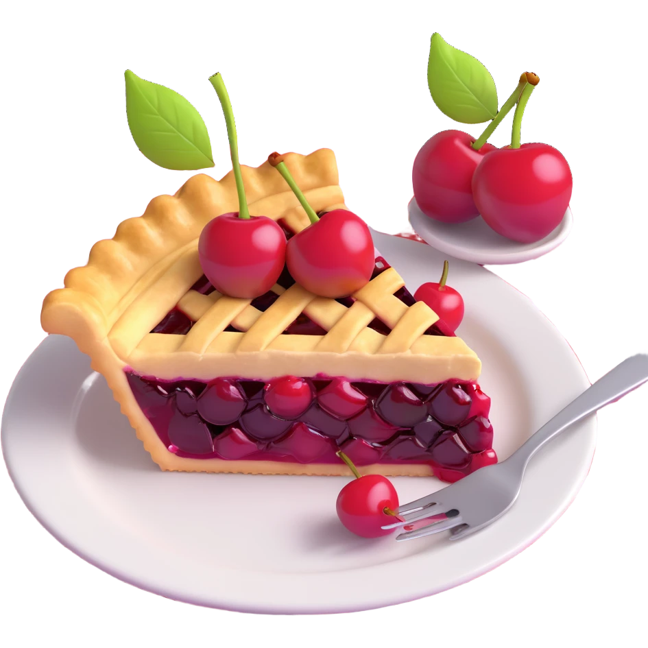 Exact copy of a slice of cherry pie with golden crust and glossy cherry topping, on a plate with a fork, two cherries in the background, same arrangement and details as reference, no text or watermark, checkered tablecloth background, in 3D iOS 18 emoji style. emoji