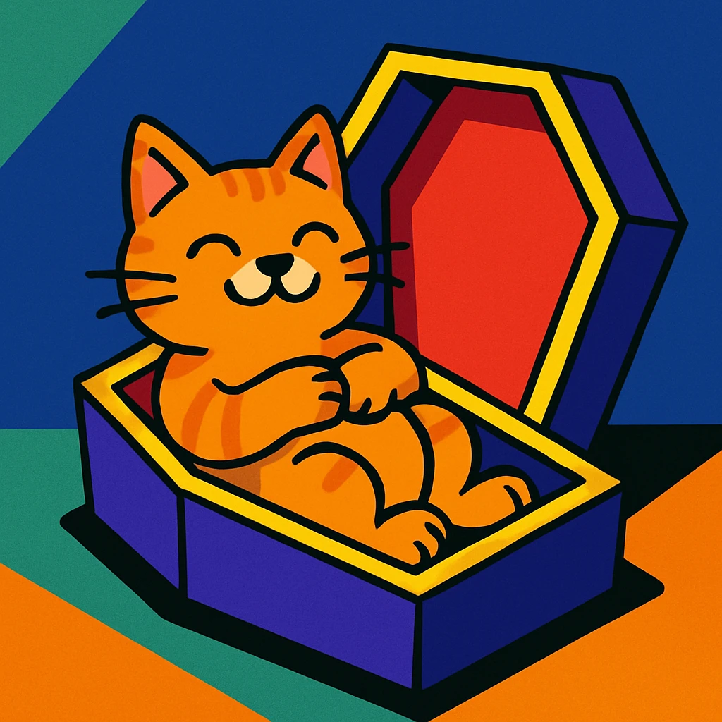 a cat in a coffin, vibrant cartoon style emoji