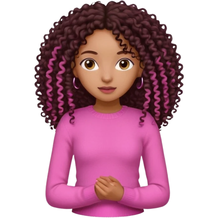 Uma menina negra da pele clara magra definida com roupa de malha rosa com cabelo cacheados  castanho escuro grandão até a cintura sem muito volume no cabelo emoji