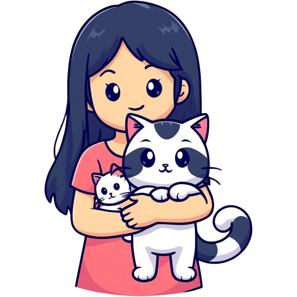 girl with long black hair holding a ginger cat emoji