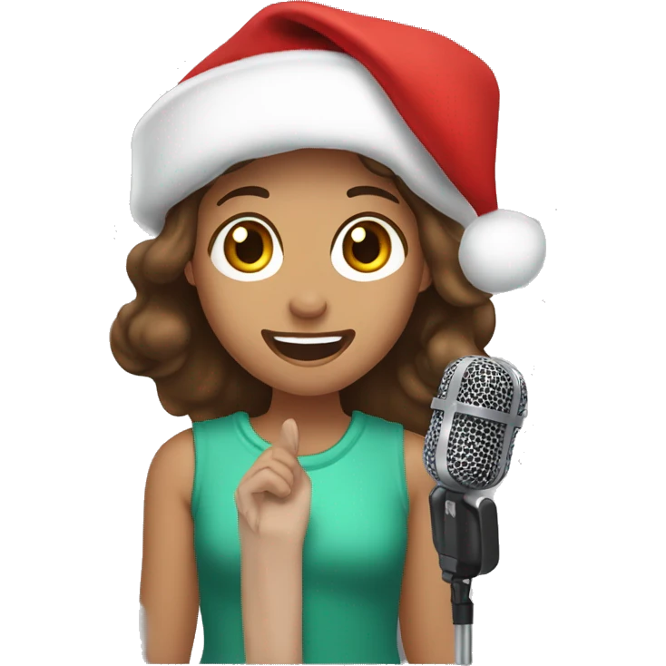 Girl with brown hair and brown eyes singing in a microphone with a Christmas hat on emoji