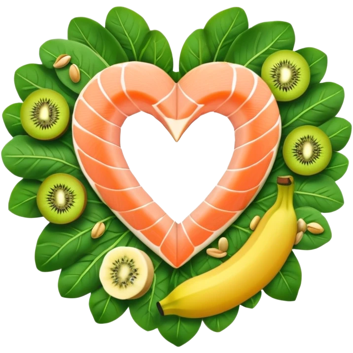 Banana, spinach leaves, salmon, kiwi, pistachios, and orange juice floating in a circle around a glowing heart that pulses with steady rhythm. Waves of electrical energy connect the foods to the heart, muscles, and nerve pathways, showing how potassium regulates fluid balance and electrical signals. emoji