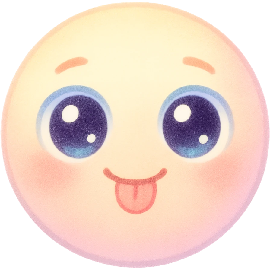 cute emoji, round face, big sparkling eyes, tiny tongue sticking out, playful, pastel colors emoji