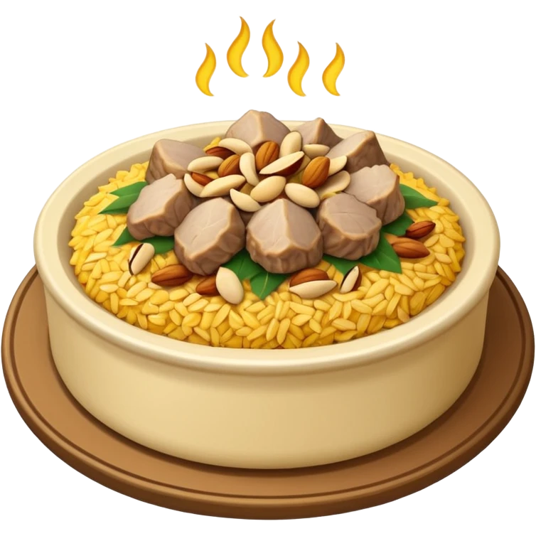 "Emoji of a Jordanian Mansaf dish — round platter with golden rice, lamb pieces, nuts on top, simple cute cartoon style, clean lines, white or transparent background." emoji