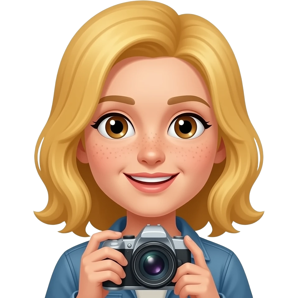 A roux au oeil marron et tache de rousseur avec une caméra emoji