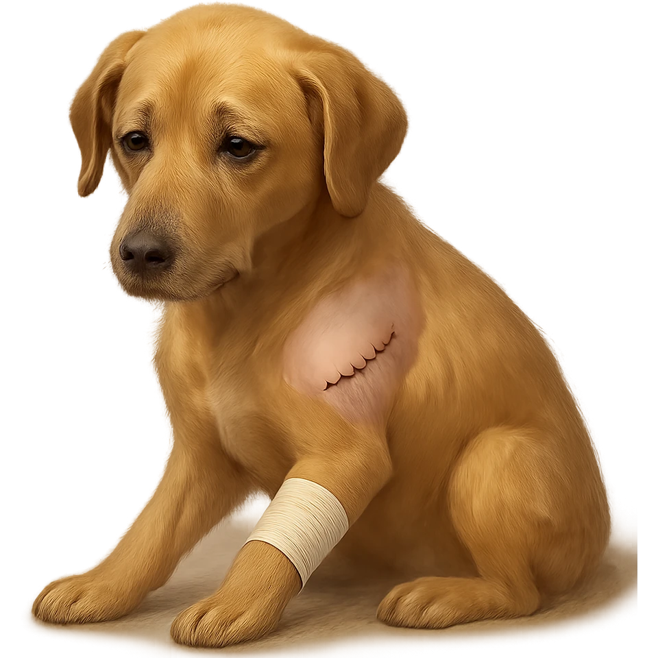 dog with a shaved patch and a bandage, looking tired, showing signs of recent surgery, gentle and caring atmosphere emoji
