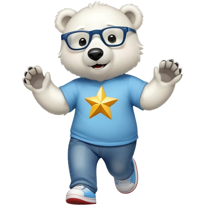 friendly anthropomorphised polar bear walking energetically, excited expression, wearing shirt, jeans, trainers, large multicolored star-shaped glasses emoji