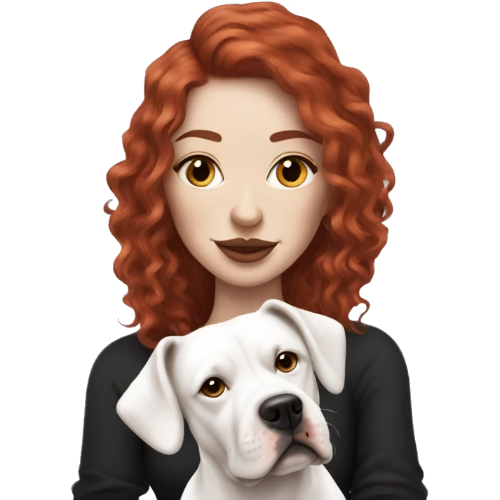 Long Red haired woman with septum piercing holding black and white English Staffordshire dog emoji
