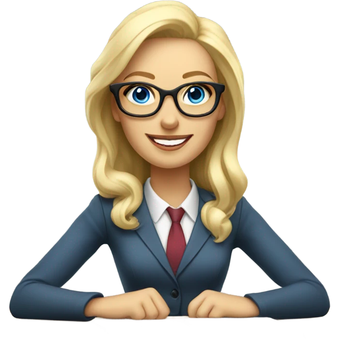Corporate blonde boss lady with glasses happy blue eyes sitting at a desk emoji