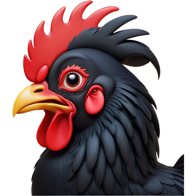 Cinematic Cute Yawning Black Rooster Portrait Emoji, Head tilted slightly with a dramatic, wide-open yawn, showcasing a soft, downy black plumage with a crisp red comb and drooping wings, round eyes barely open in drowsy contentment, Simplified yet irresistibly adorable features, highly detailed, glowing with a soft, cozy glow, high shine, relaxed yet expressive, stylized with a touch of whimsy, bright and endearing, soft glowing outline, capturing the essence of a sleepy yet affectionate rooster, so drowsy it feels like it could stretch out of the screen and curl up for a nap! emoji