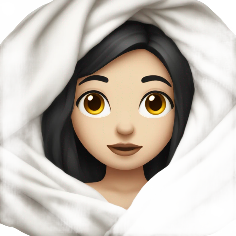 Pale Girl with black hair  laying down cozy in a white blanket emoji