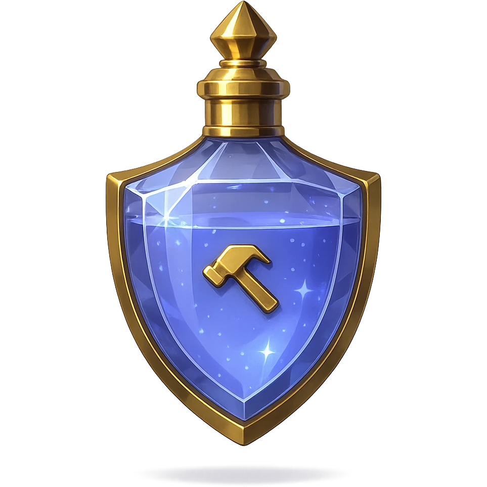 modern luxurious crystal elixir bottle, shield shape, #7986cb, gold details, magical shine, 🛠 symbol, seamless bottom, floating, transparent background, no shadow, collection style emoji