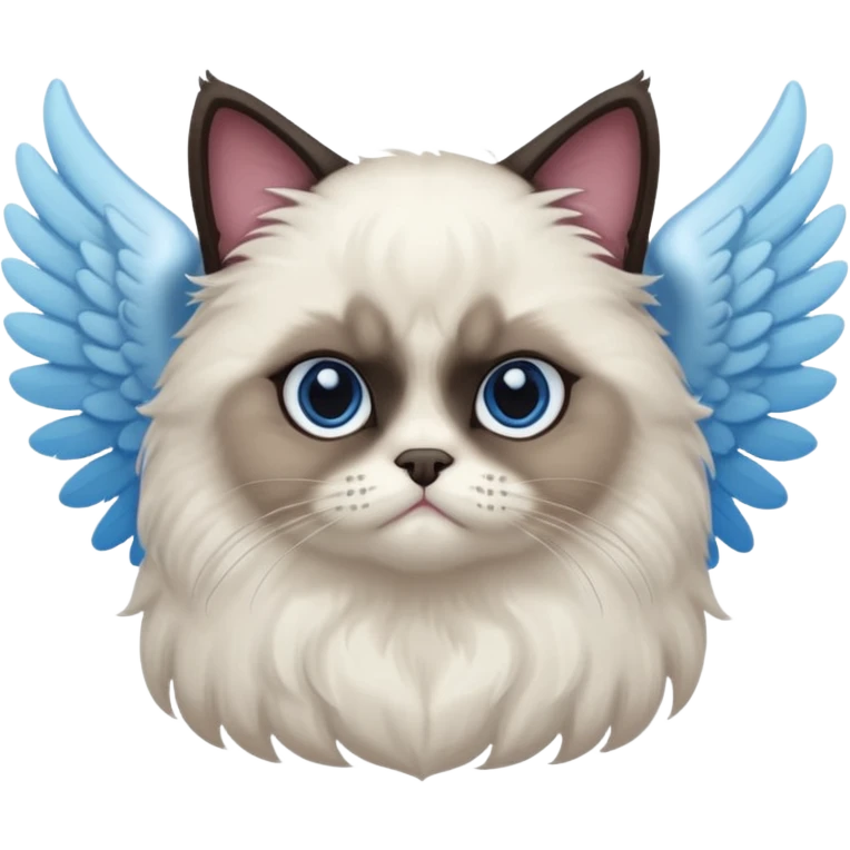A Himalayan cat with a dark face, dark paws, blue eyes, and angel wings emoji