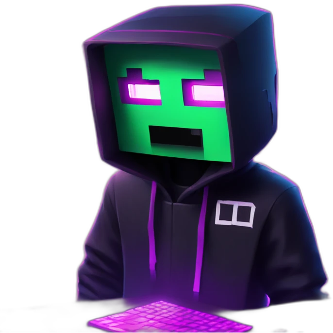 Minecraft Creeper wearing a black hoodie with "OMG" letters on it and VR headset in a cyberpunk VR environment with violet neon lighting. emoji
