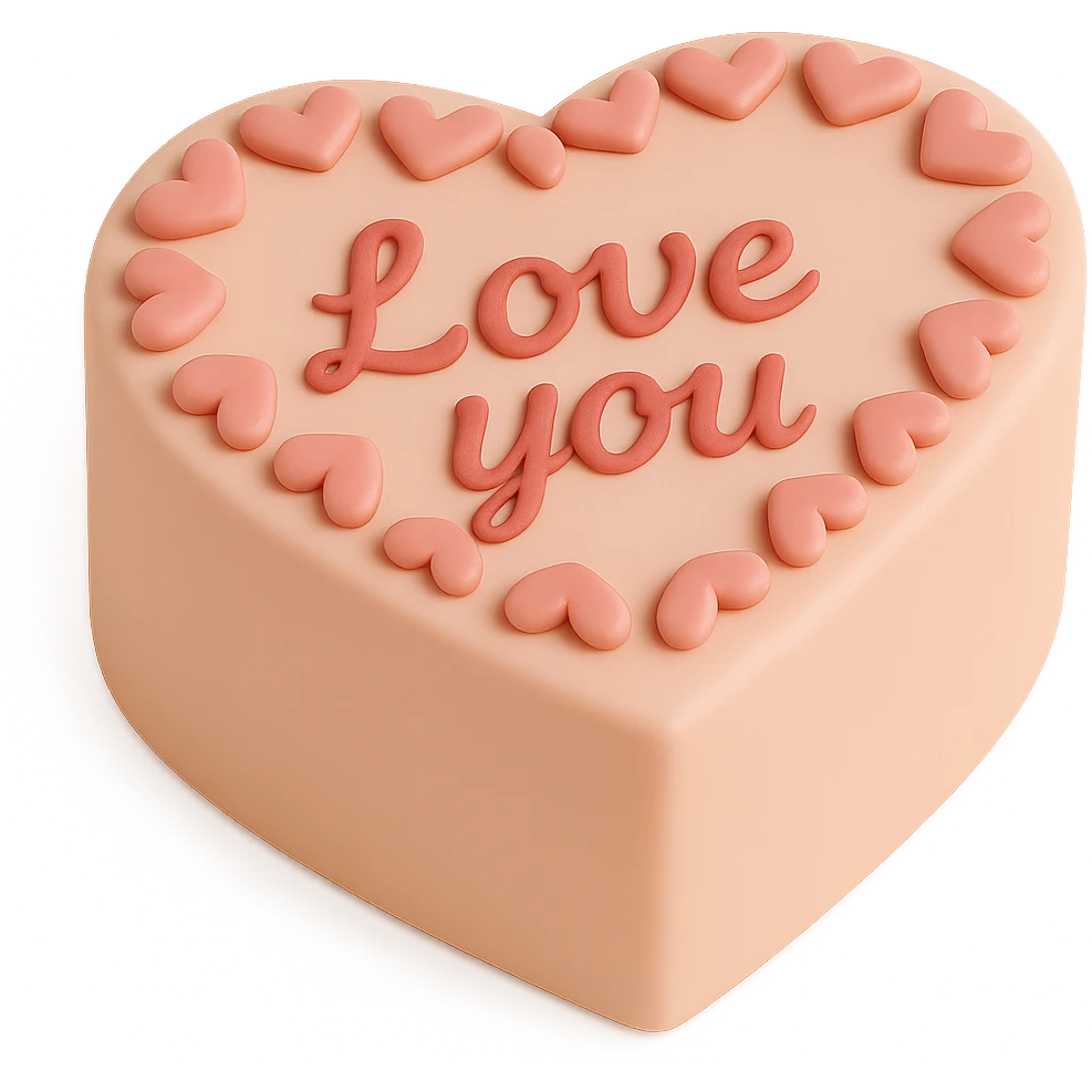 Add the message 'Love you' on the heart-shaped fondant cake in an elegant and clear style, keeping the fondant cake art style and transparent background. emoji