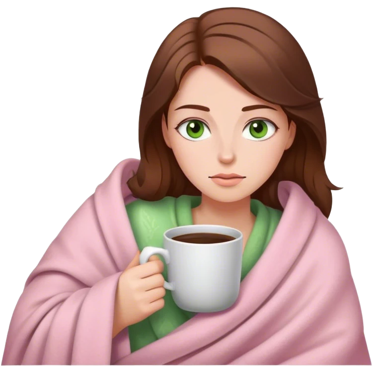 woman with very long brown hair and green eyes in a light pink blanket sleepy with coffee emoji