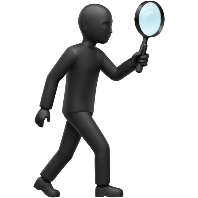 3D icon of a minimal human silhouette holding a magnifying glass, exploration concept, simple geometric form, modern UI style, single object, soft lighting, isolated, no background emoji