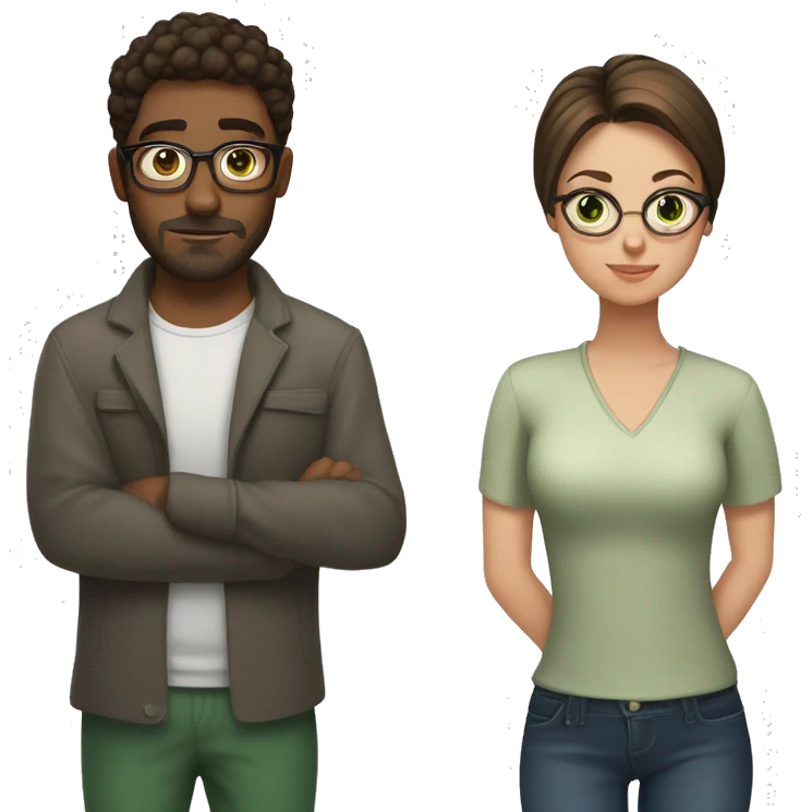 A girl with brunette hair up in a bun and brown eyes with glasses standing next to a guy with short brunette hair and green eyes with facial hair  emoji