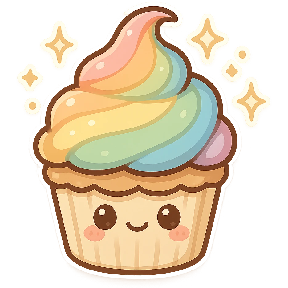 chibi sticker-style cupcake with rainbow frosting and sparkles, pride, cute and exaggerated emoji