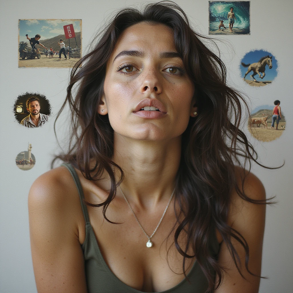 realistic portrait of a person with a thoughtful, inspired look, with faint images of projects and ideas swirling around them, capturing both excitement and pressure emoji