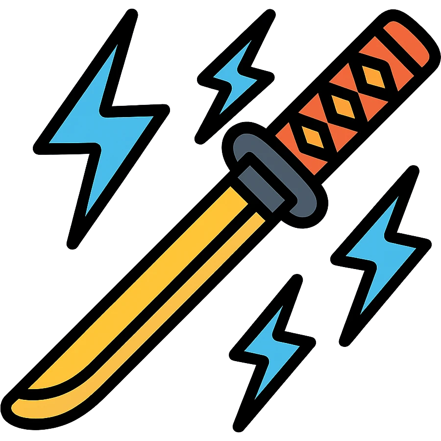katana surrounded by blue lightning bolts, stylized, energetic, icon style emoji