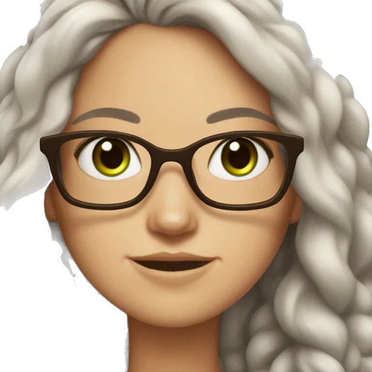 White girl with a dark brown long hair, green-brown eyes, and foxy glasses  emoji