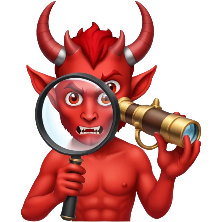 demon figure under magnifying spyglass emoji