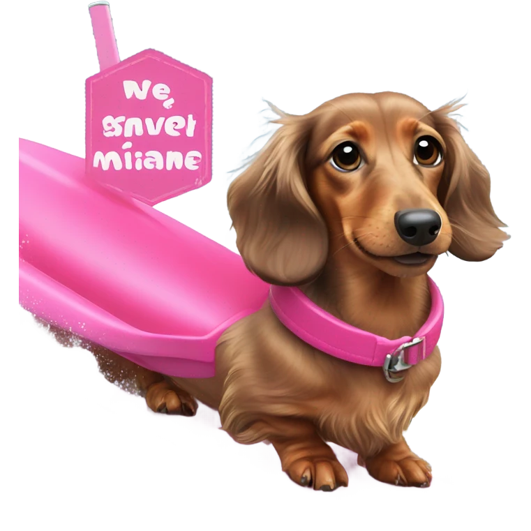 Long haired miniature dachshund red colour with pink collar waterskiing emoji