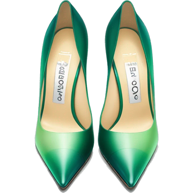 Realistic isolated top view of a pair of emerald green to mint green ombre Jimmy Choo peep toe stiletto high heel shoes.  emoji